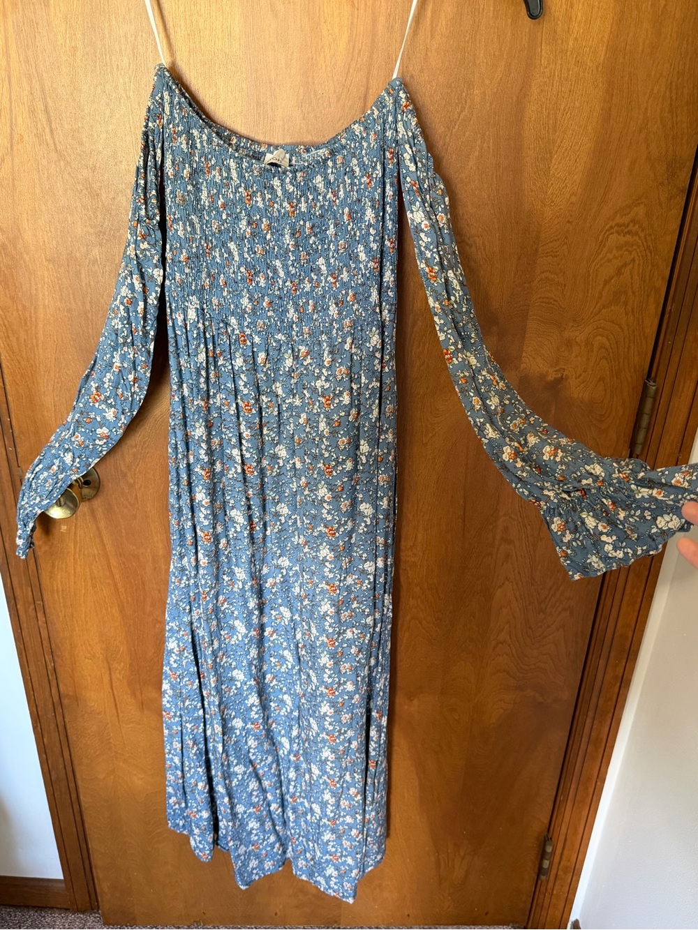 Blue Floral Square Neck Smocked Long Sleeve Maternity Maxi Dress